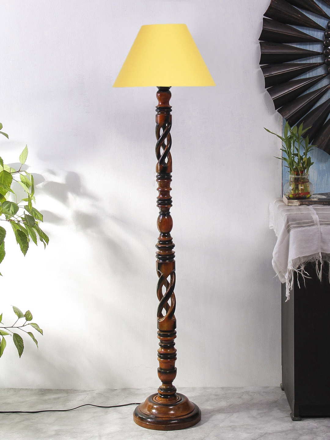 

Devansh Yellow & Brown Open Snake Conical Wooden Floor Lamp With Cotton Shade