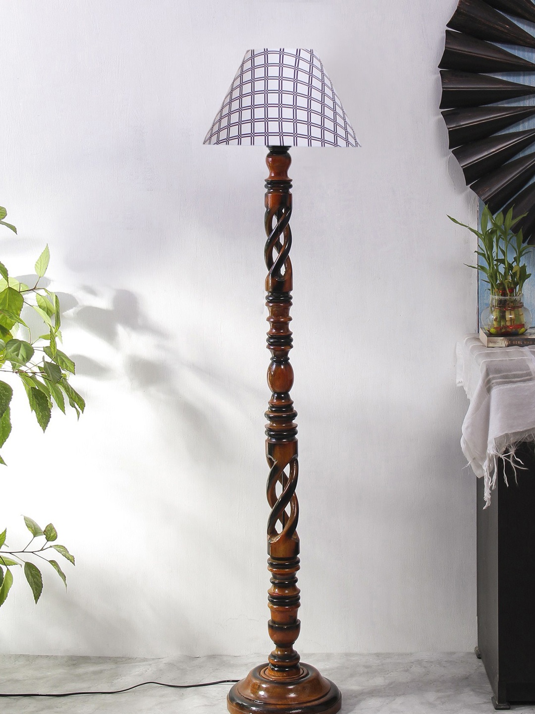 

Devansh White & Brown Open Snake Wooden Conical Floor Lamp With Cotton Shade