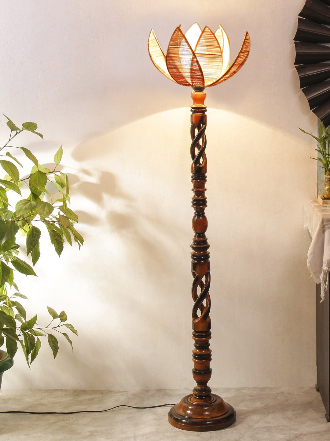 

Devansh Beige & Brown Bamboo Lotus Shaped Open Snake Wooden Floor Lamp