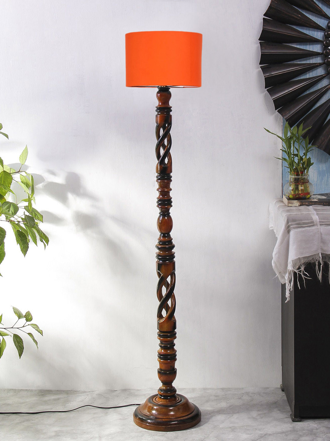 

Devansh Orange & Brown Cotton Drum Shaped Open Snake Wooden Floor Lamp