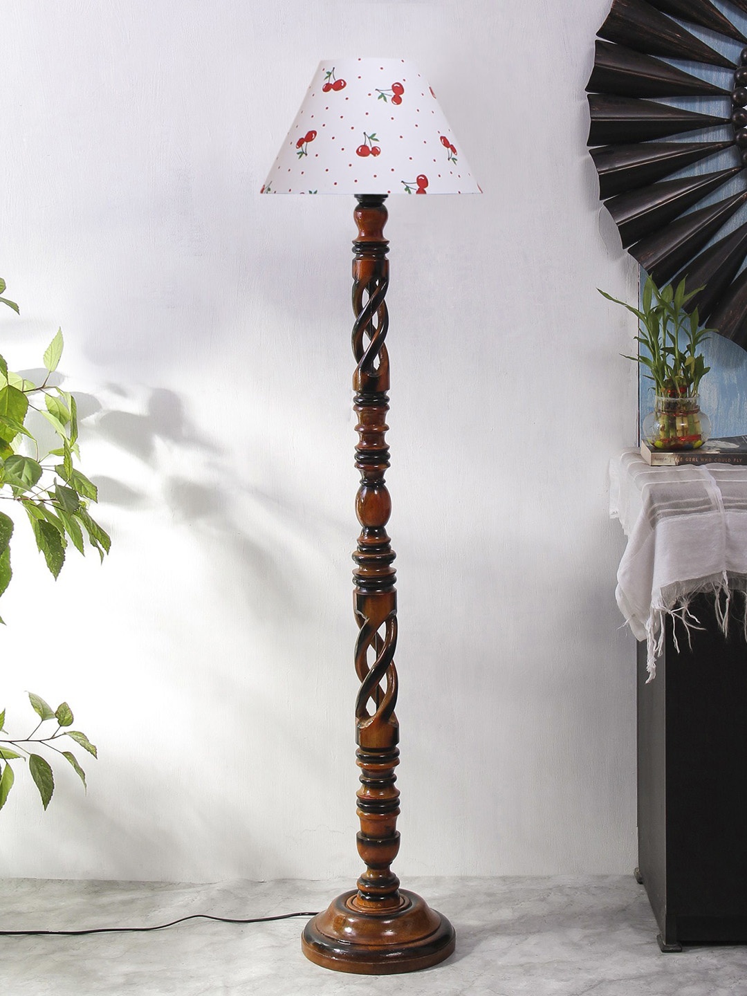 

Devansh Brown & White Printed Cotton Frustum Shade Open Snake Wooden Floor Lamp
