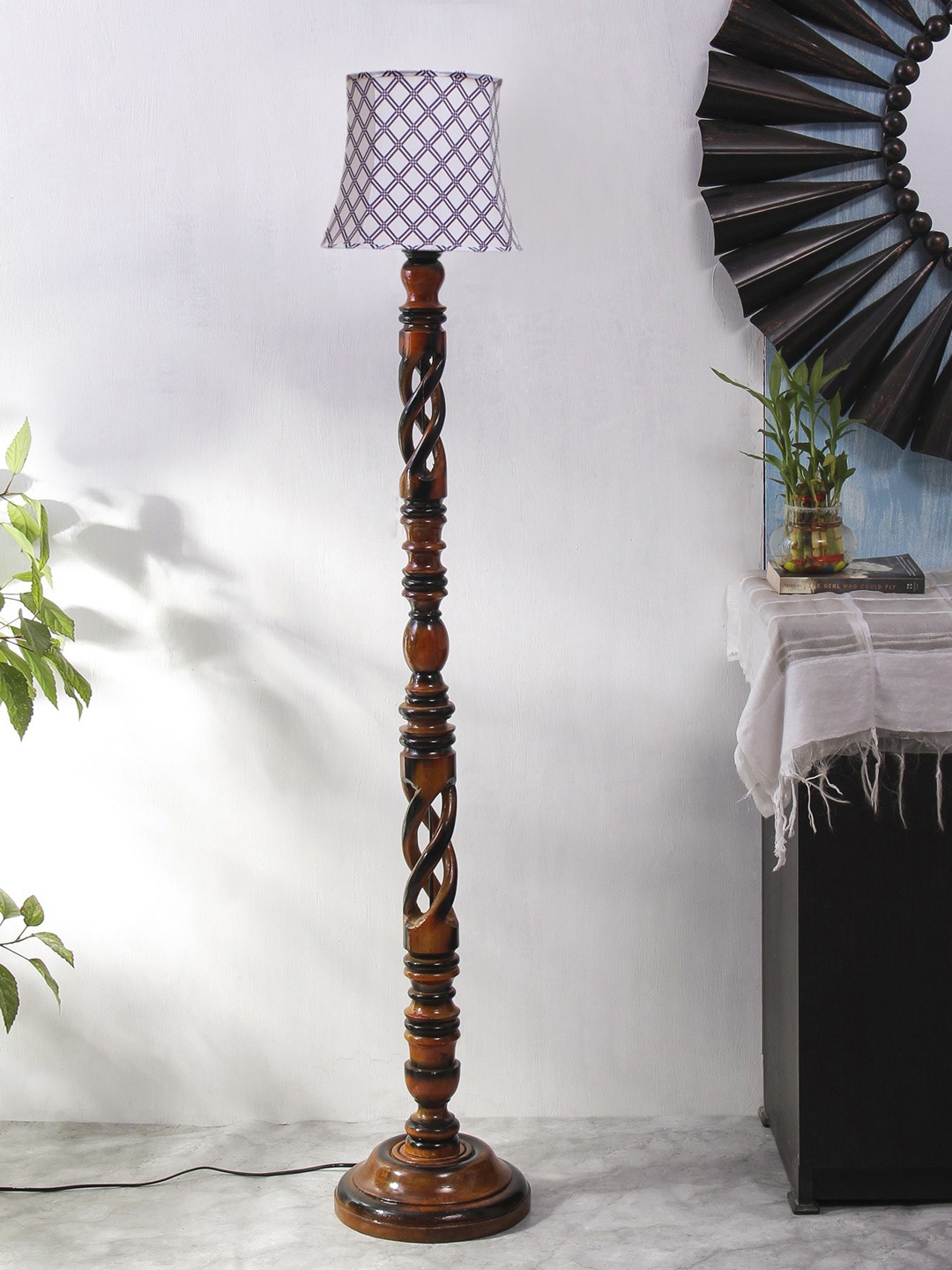 

Devansh Brown & White Printed Cotton Cylinder Shade Open Snake Wooden Floor Lamp