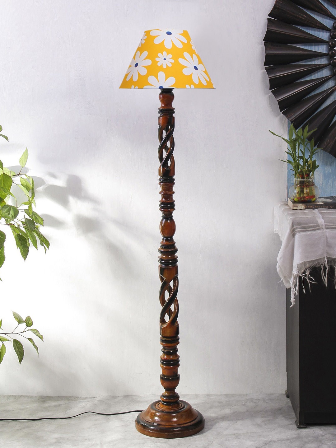 

Devansh Yellow & Brown Cotton Frustum Shade Open Snake Wooden Floor Lamp