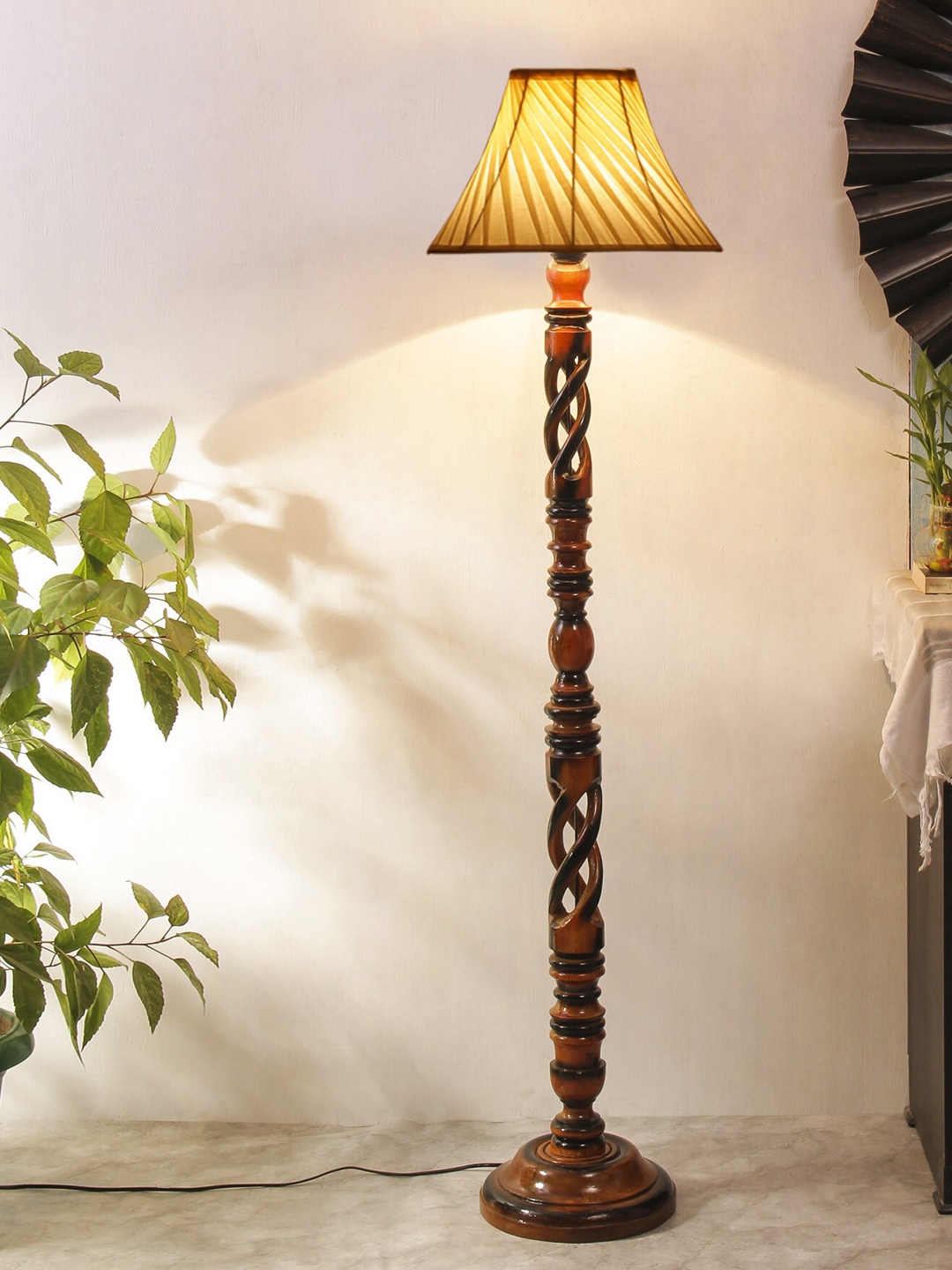

Devansh White & Brown Open Snake Conical Wooden Floor Lamp With Cotton Shade