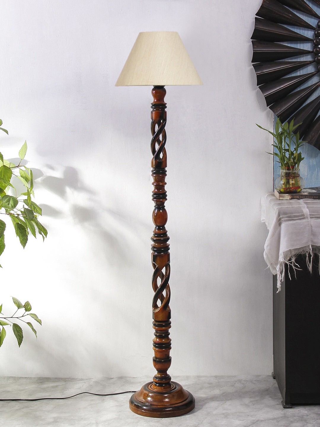 

Devansh Off-White & Brown Open Snake Conical Wooden Floor Lamp With Cotton Shade