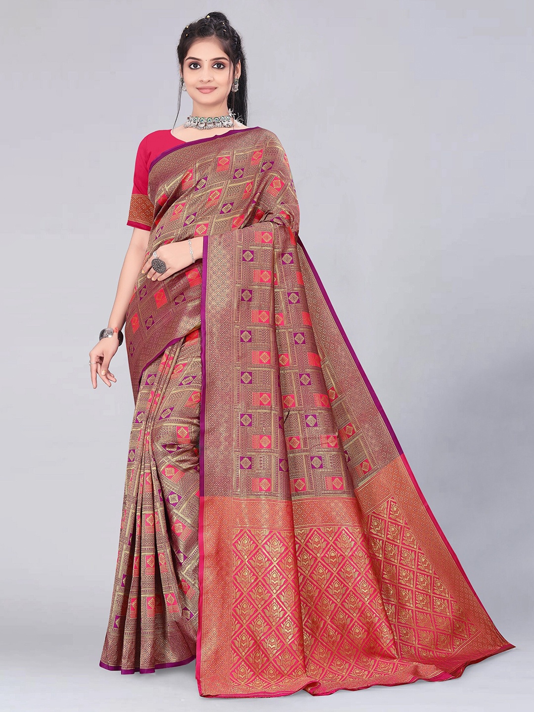 

MUKHITA Ethnic Motifs Woven Design Kanjeevaram Saree, Pink