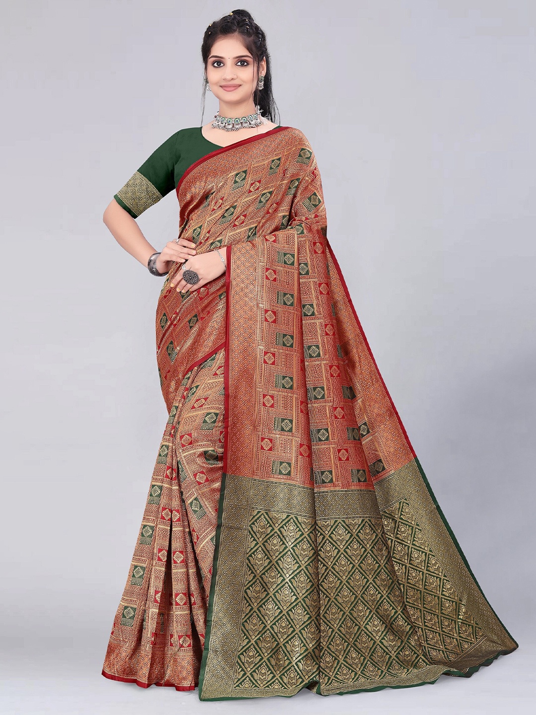 

MUKHITA Woven Design Kanjeevaram Saree, Red
