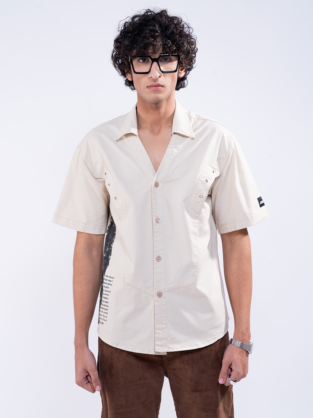 

UNRL Men Boxy Fit Opaque Graphic Printed Pure Cotton Casual Shirt, Beige