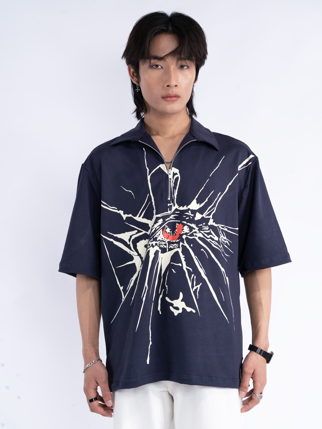 

UNRL Pure Cotton Boxy Graphic Printed Casual T-shirt, Navy blue