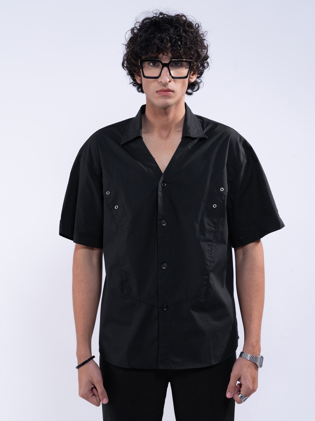 

UNRL Pure Cotton Panelled Boxy Shirt, Black