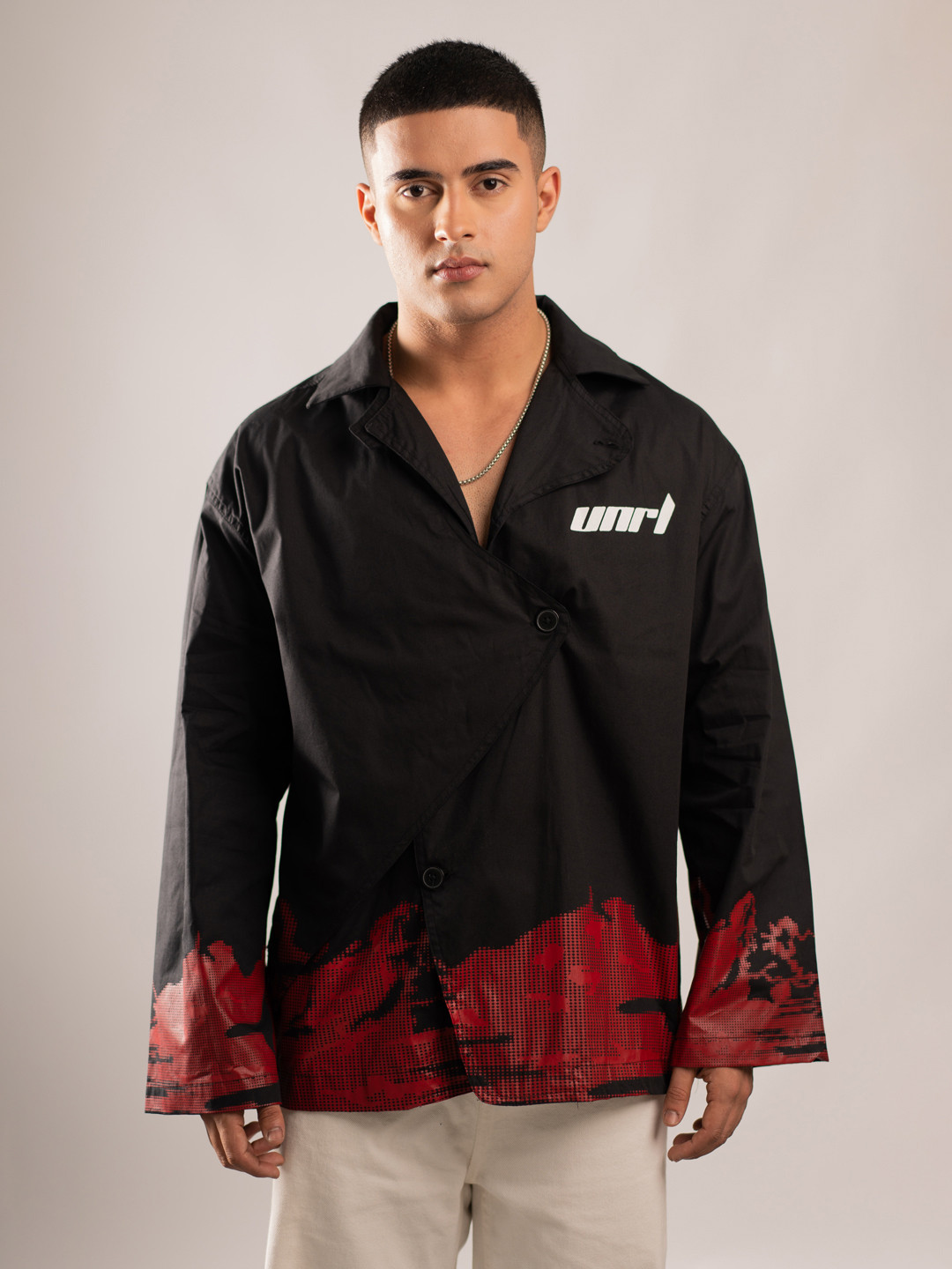 

UNRL Pure Cotton Boxy Graphic Printed Casual Shirt, Black