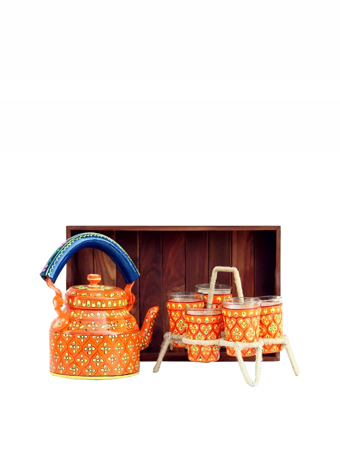 

iHandikart Orange & Blue 9 Pieces Printed Glass Glossy Kettle Set