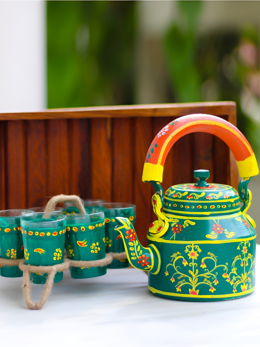 

iHandikart Green & Yellow 9Pcs Hand Painted Printed Glass Glossy Kettle Cups &Mugs