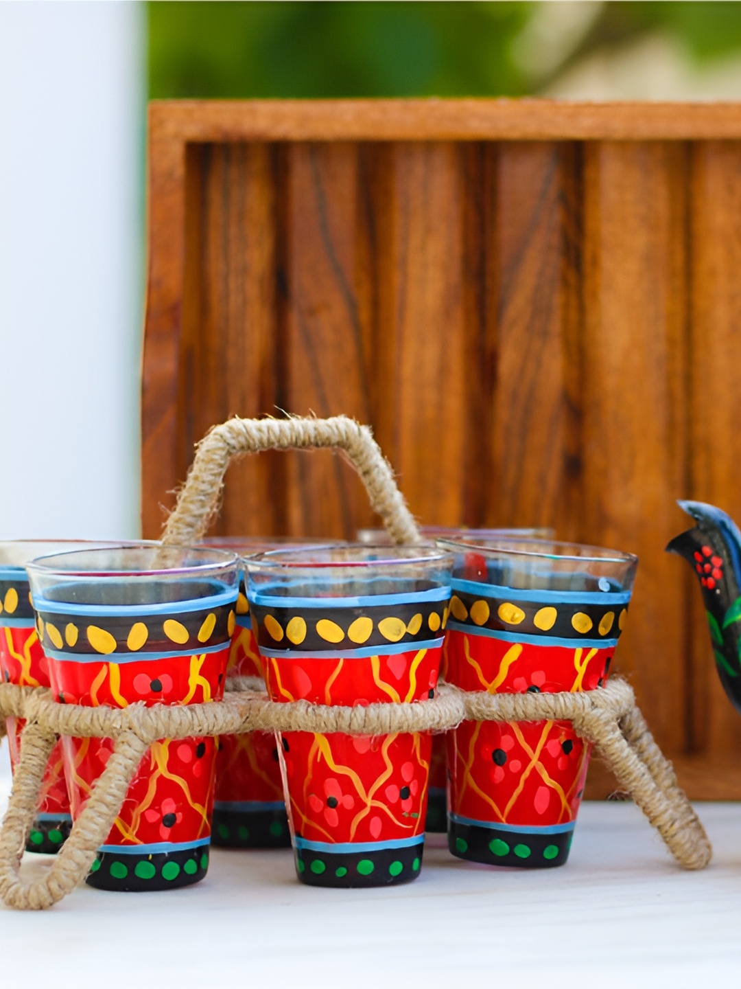 

iHandikart Red & Yellow 9Pcs Hand Painted Printed Glass Glossy Kettle Cups &Mugs