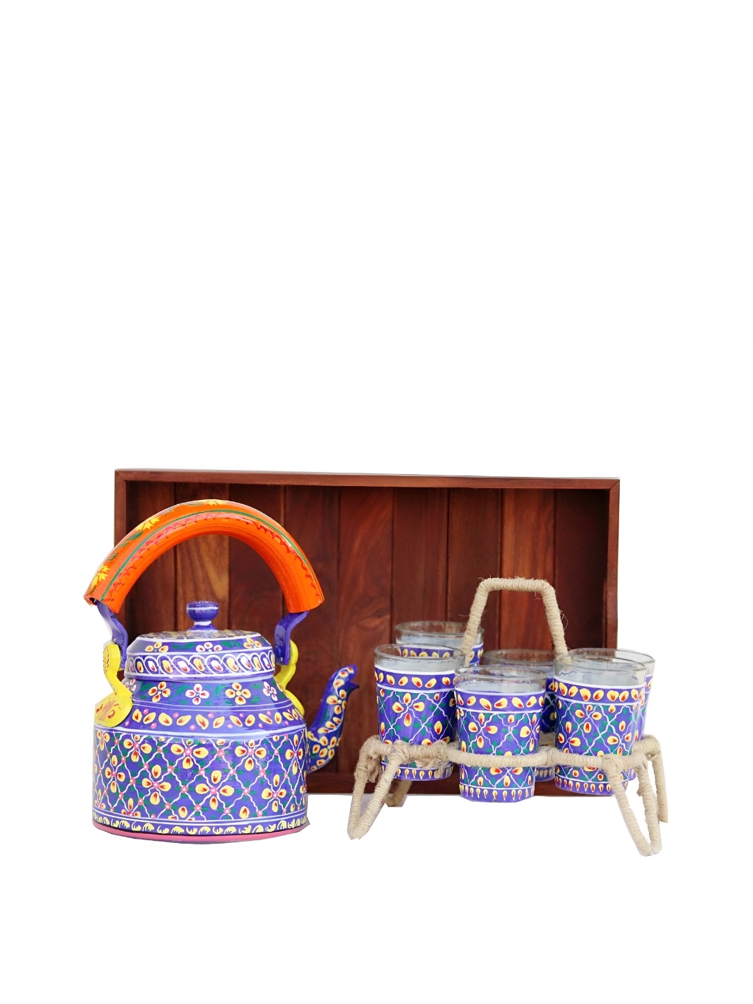 

iHandikart Blue & Yellow 9Pcs Hand Painted Printed Glass Glossy Kettle Cups & Mugs