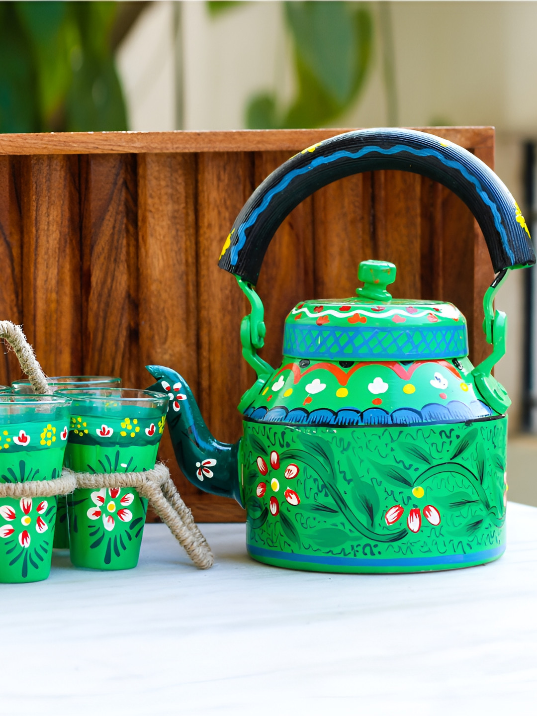 

iHandikart Green & Blue 9 Pieces Printed Glass Glossy Kettle Set