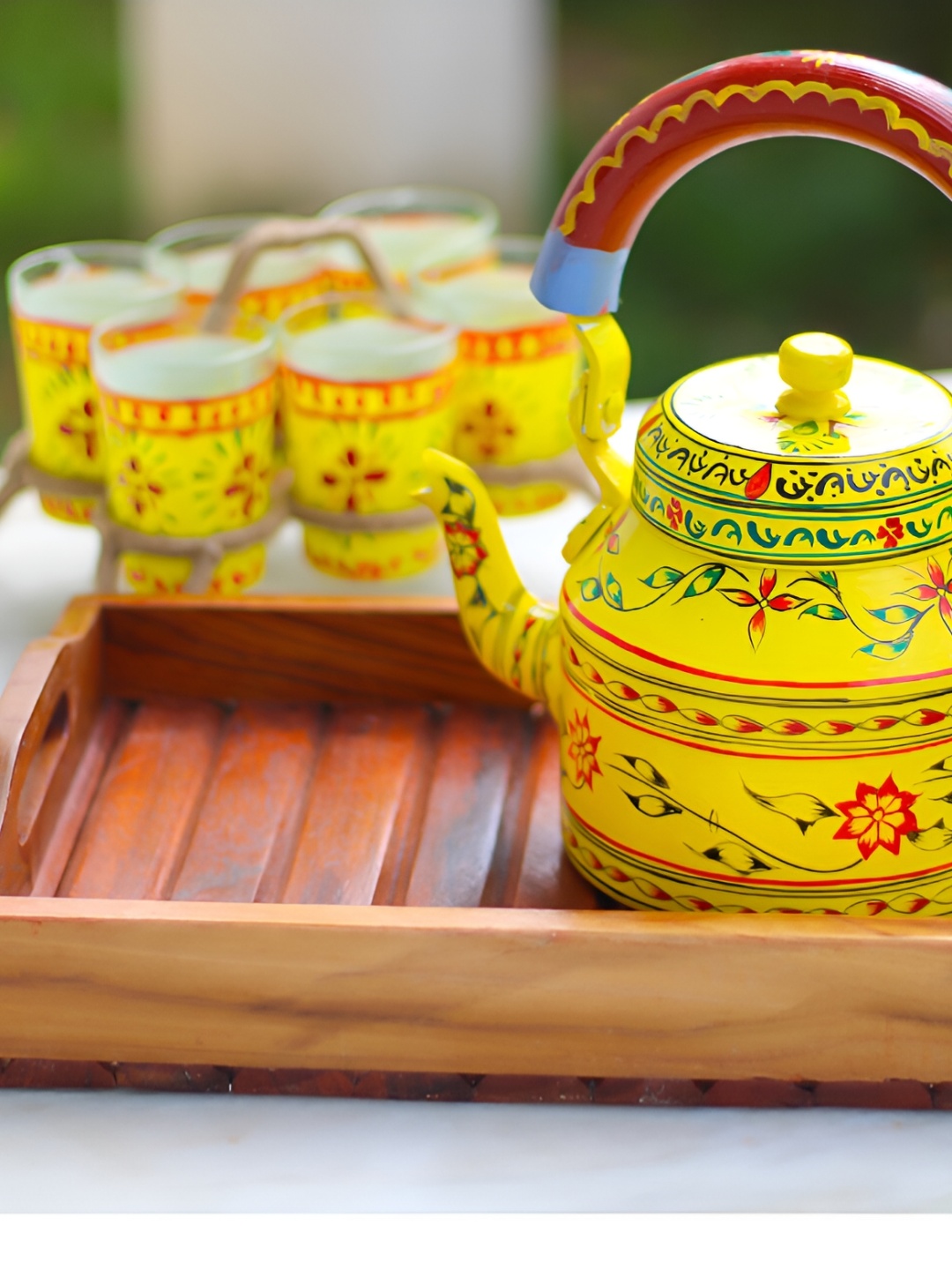 

iHandikart Yellow & Red 9Pcs Hand Painted Printed Glass Glossy Kettle Cups &Mugs
