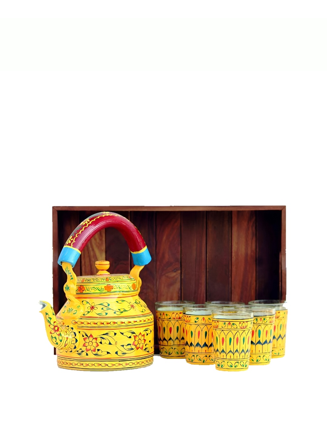 

iHandikart Yellow & Brown 9 Pieces Printed Glass Glossy Kettle Set
