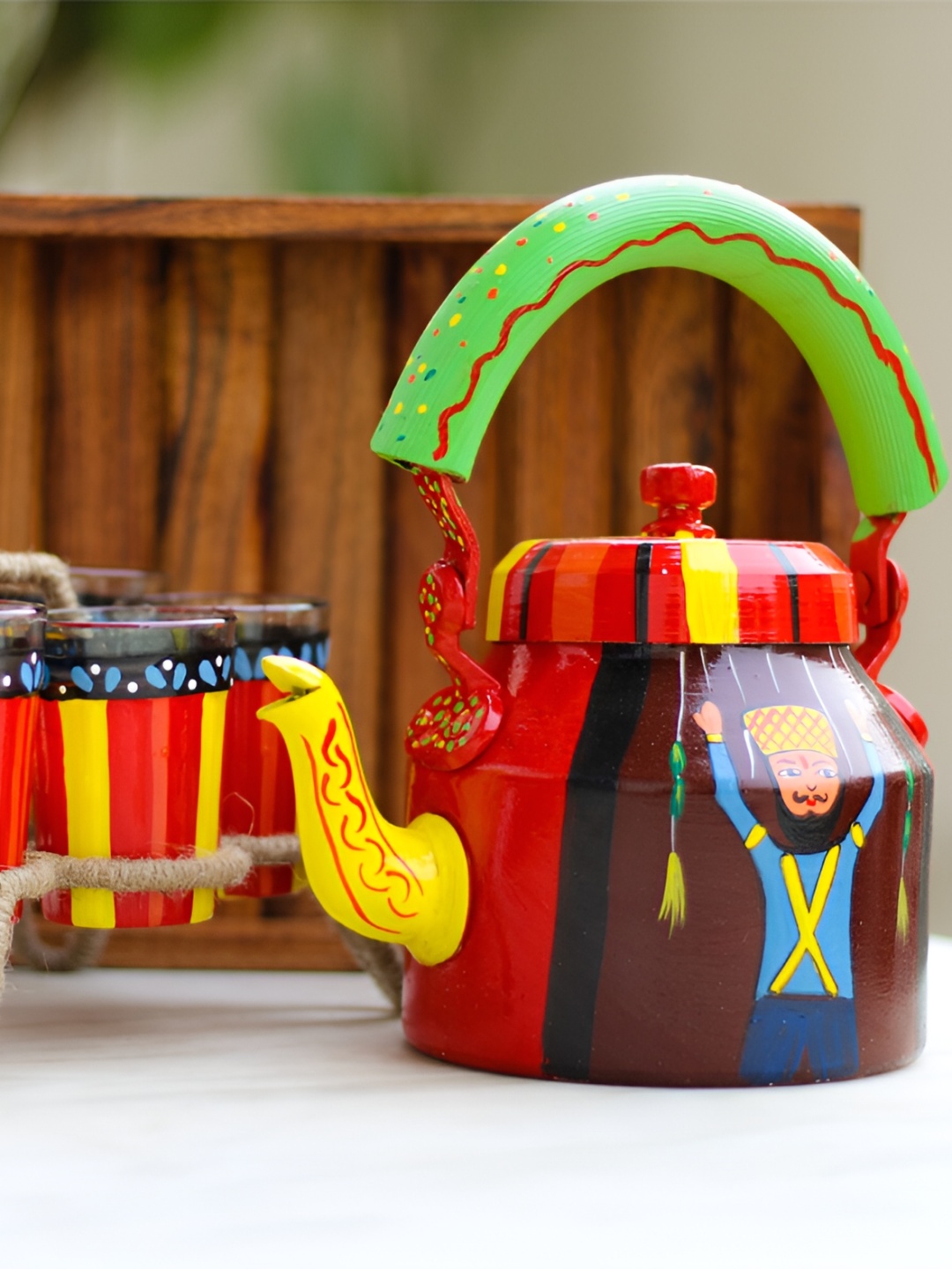

iHandikart Brown & Red 9 Pieces Printed Glass Glossy Kettle Set