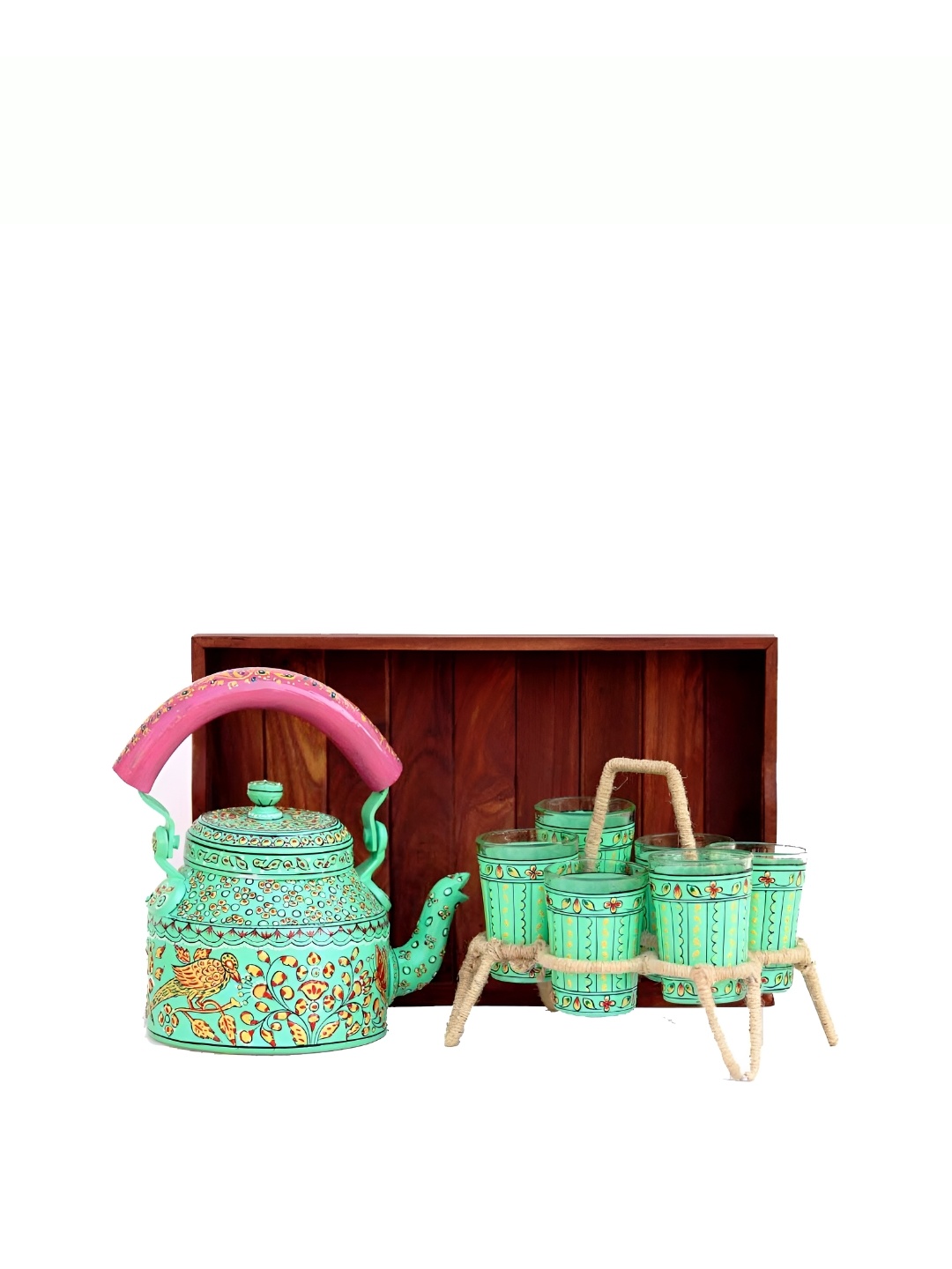 

iHandikart Green & Pink 9 Pieces Printed Glass Glossy Kettle Set
