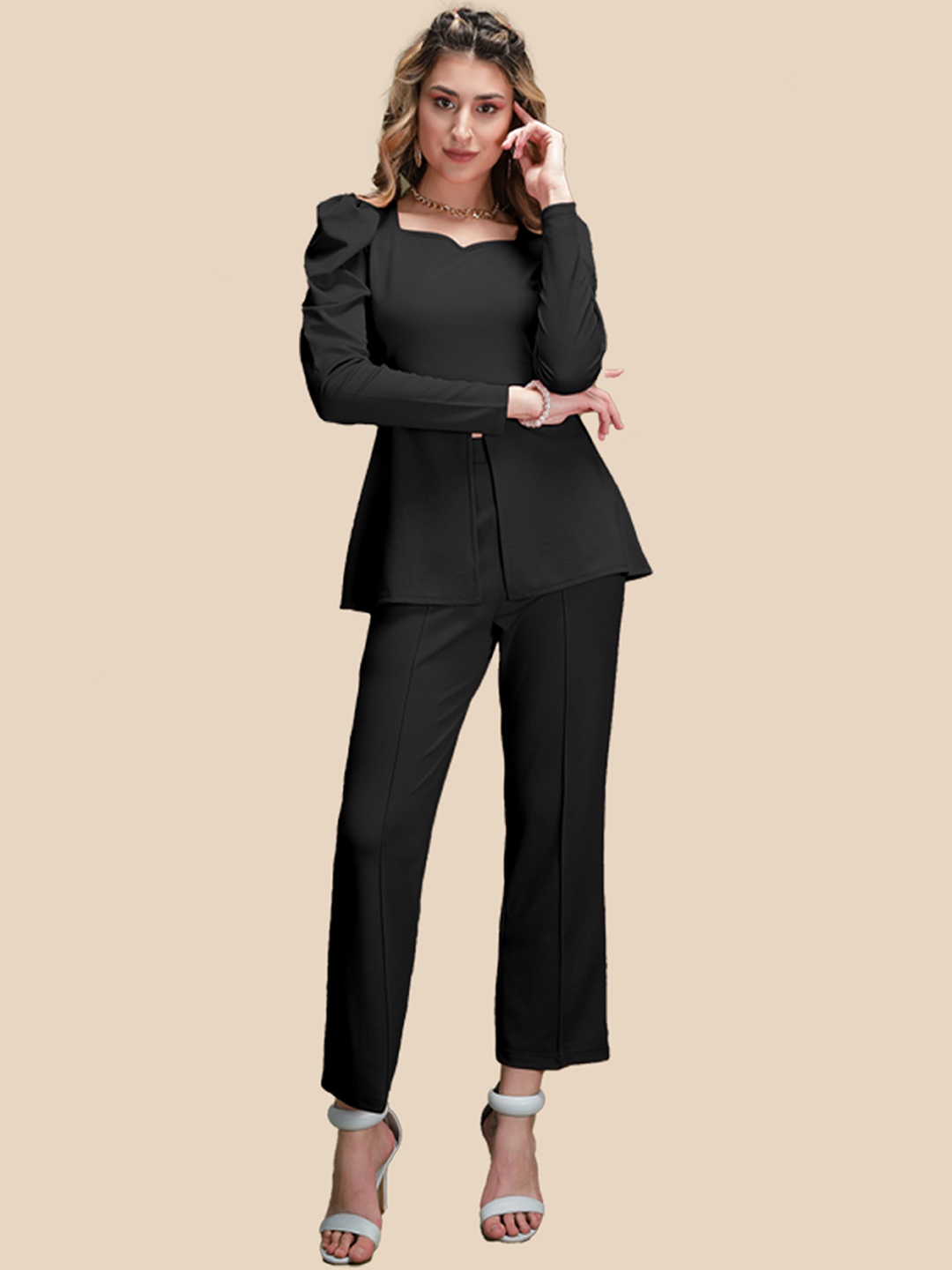 

N N ENTERPRISE Puff Sleeves Top & Trouser, Black