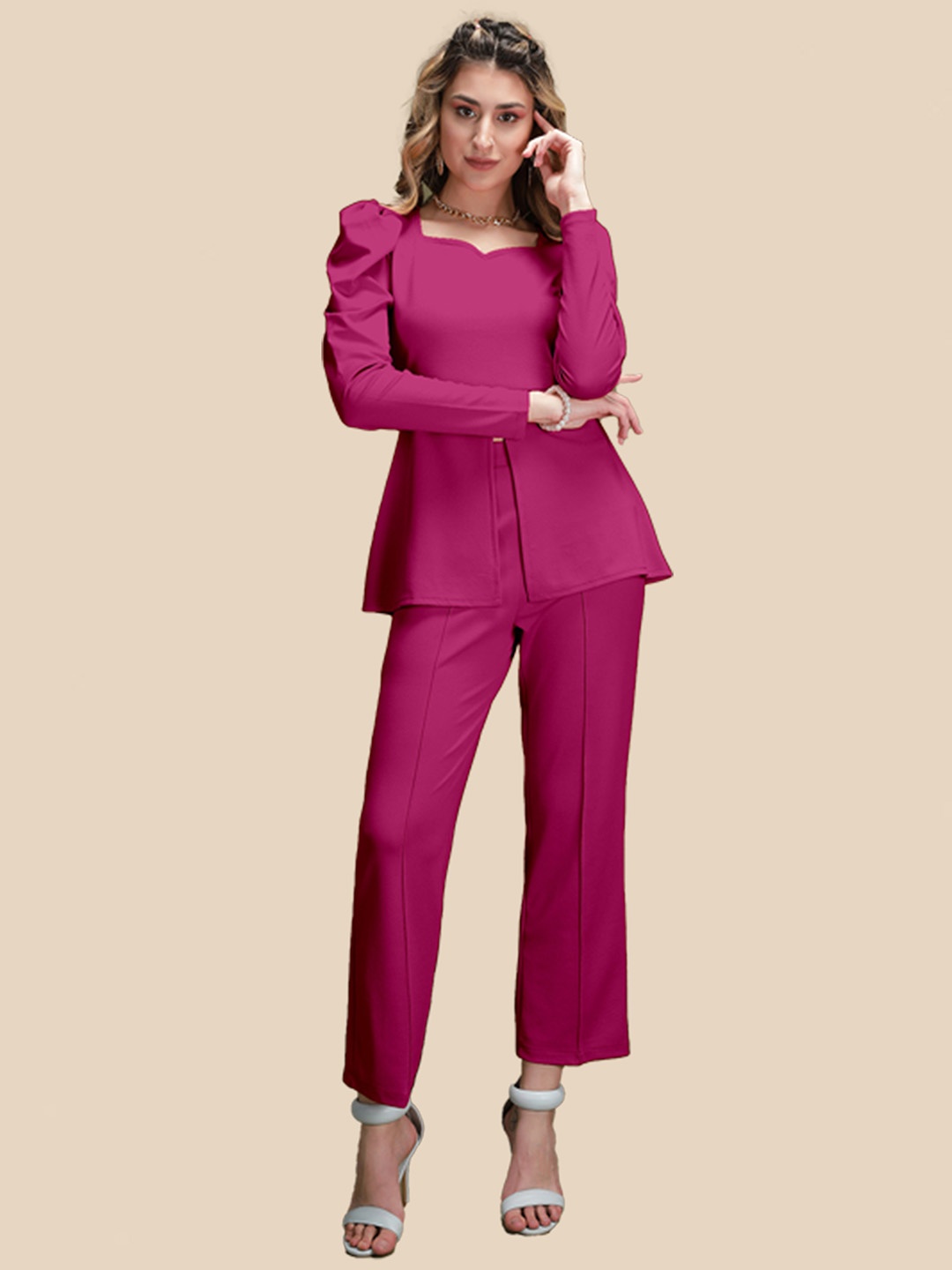

N N ENTERPRISE Sweet heart Neck Top & Trouser, Pink