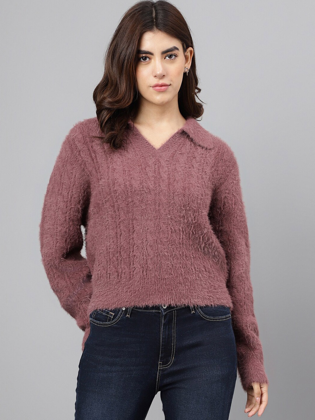 

Xpose Cable Knit Spread Collar Acrylic Pullover, Brown