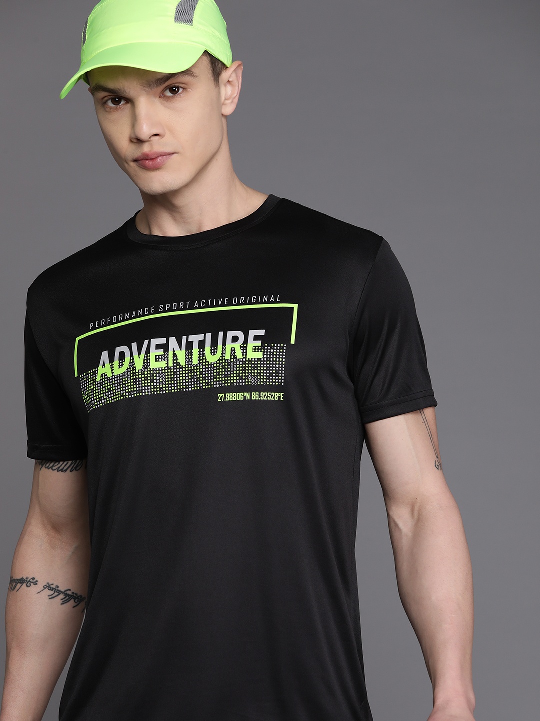 

HRX by Hrithik Roshan Men Black & Green Typography Printed Sports T-shirt