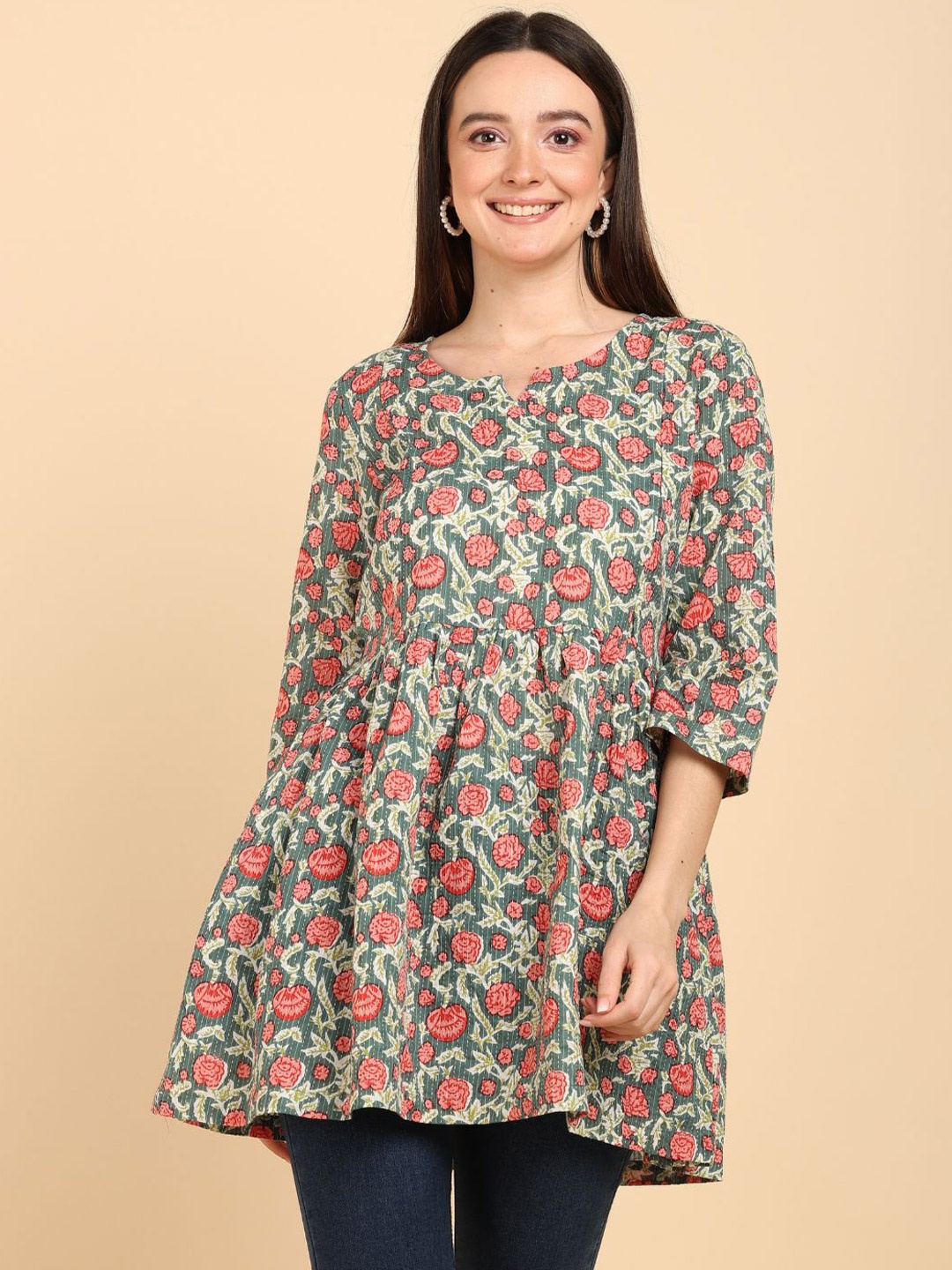 

House Of Zelena Blue Floral Print A-Line Pleated Cotton Maternity Top