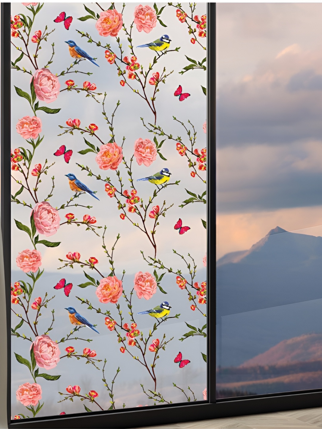 

CVANU Transparent & Pink Floral Printed Self Adhesive Window Film Sticker