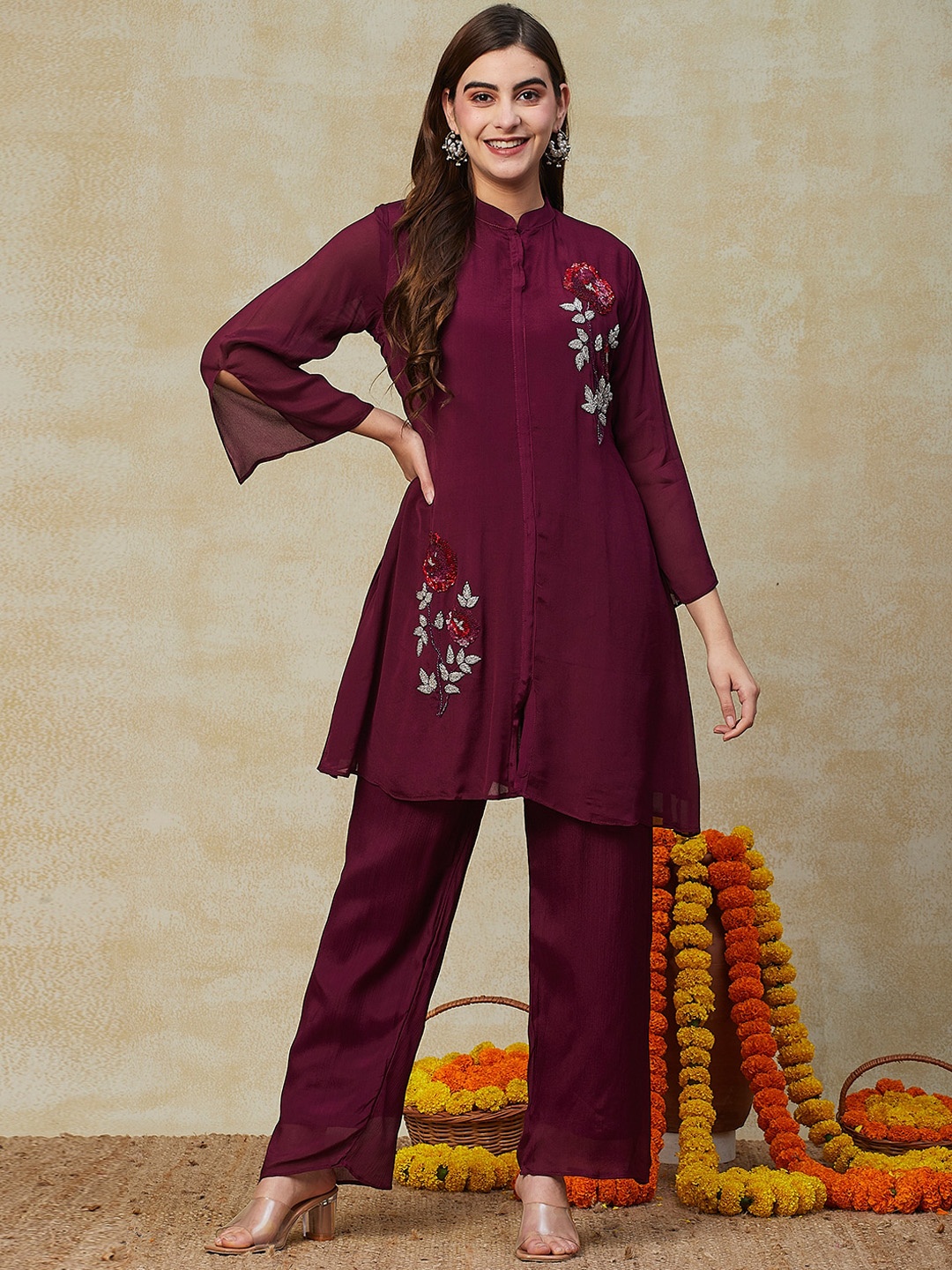 

FASHOR Burgundy Sequin Embellihed A-Line Kurta With Trouser