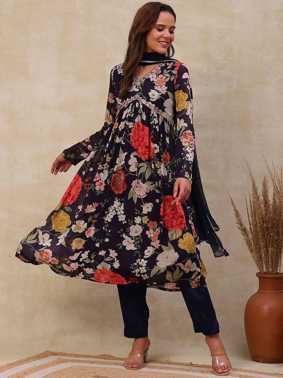 

FASHOR Black Floral Printed Mirror Work Pleated A-Line Kurta with Trousers & Dupatta
