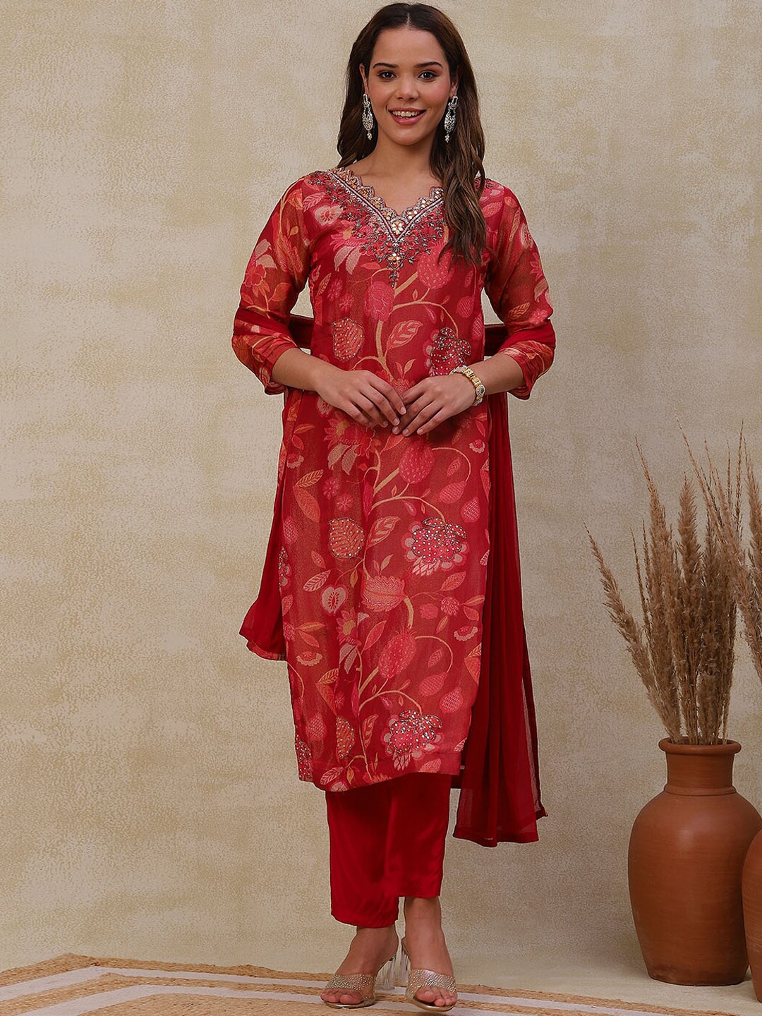 

FASHOR Red Floral Printed Mirror & Aari Work Kurta With Trousers & Dupatta