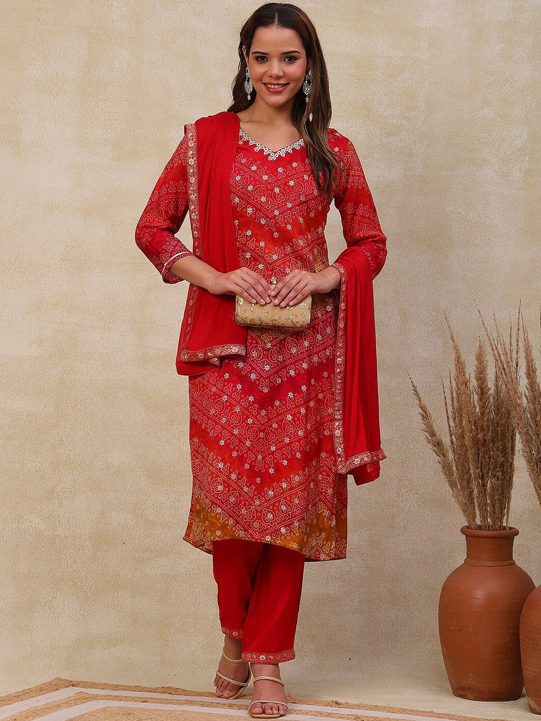 

FASHOR Red Bandhani Printed Zari Jacquard Kurta With Trousers & Dupatta