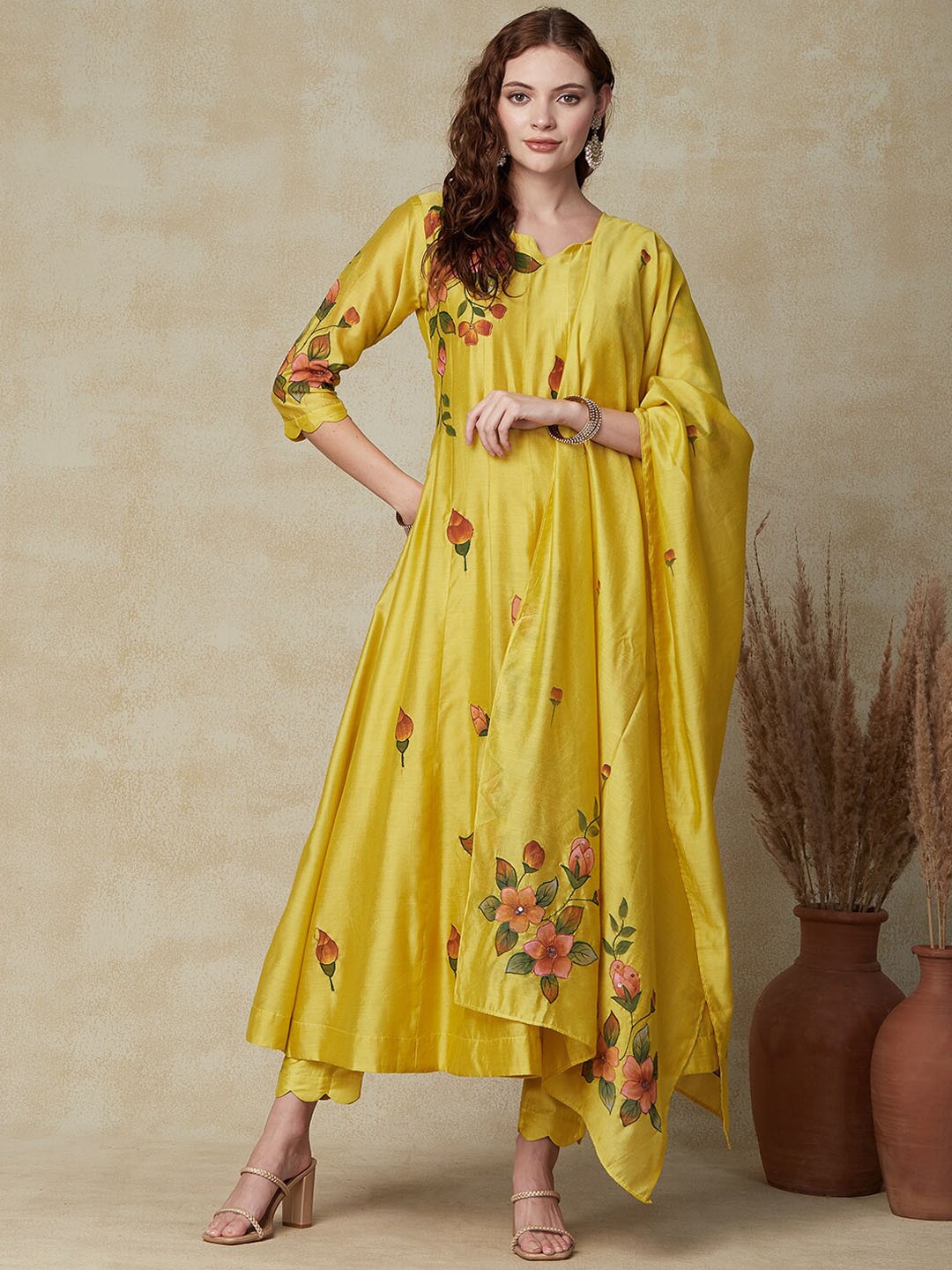 

FASHOR Yellow Floral Hand Painted Thread Work Anarkali Kurta With Trousers & Dupatta