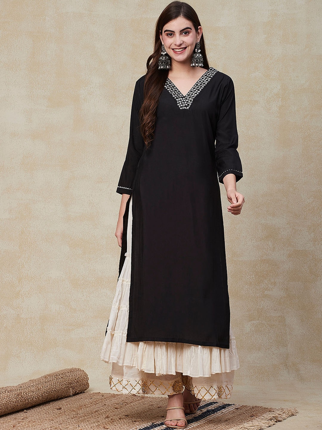 

FASHOR Ethnic Motifs Embroidered Mirror Work A-Line Kurta, Black