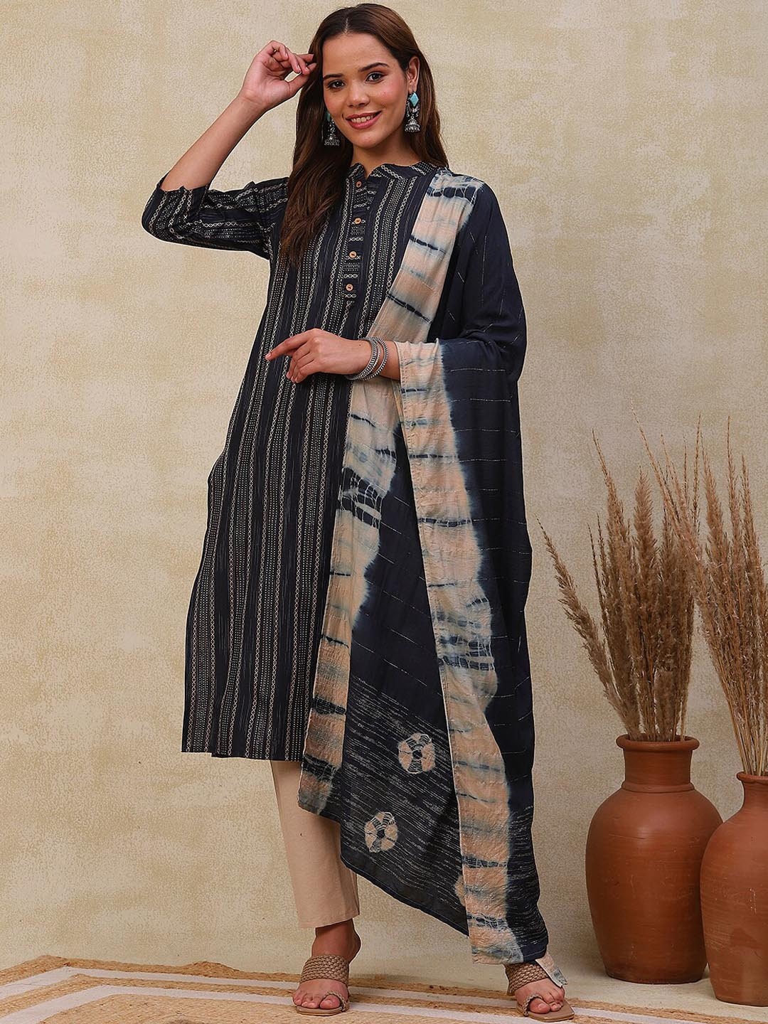 

FASHOR Blue Striped Mandarin Collar Dobby Kurta with Trousers & Dupatta