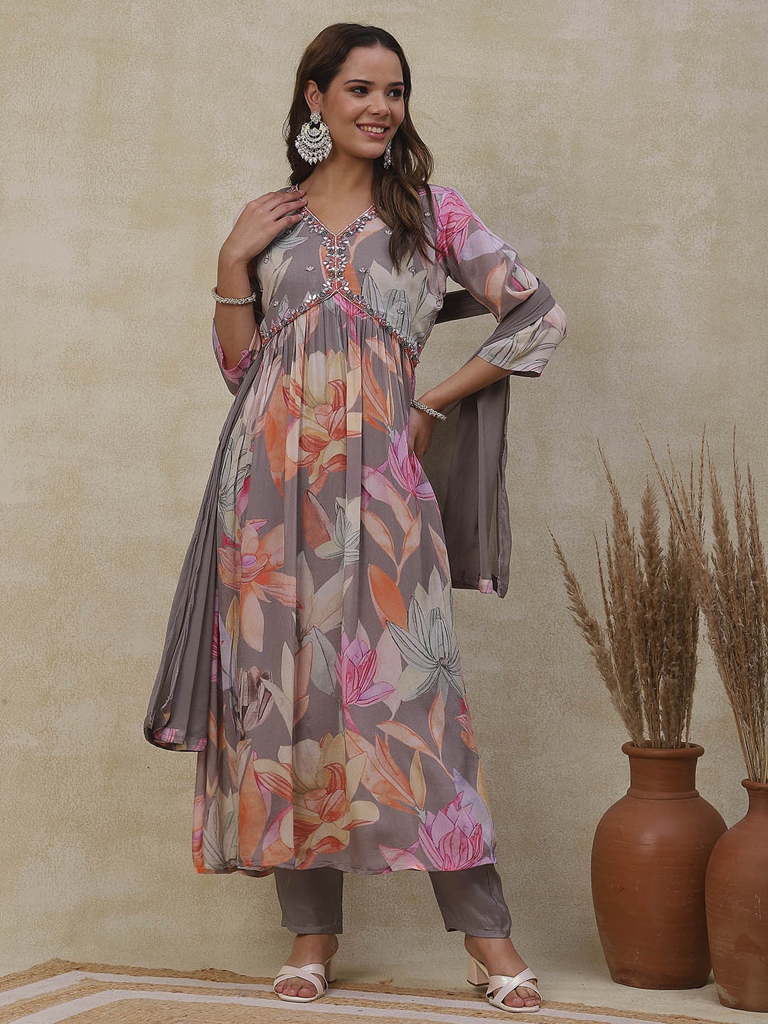 

FASHOR Floral Printed Empire Mirror Work Kurta With Trousers & Dupatta, Grey
