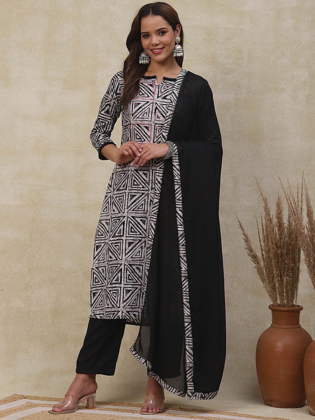 

FASHOR Batik Printed Resham Embroidered Pure Cotton Kurta With Trousers & Dupatta, Black