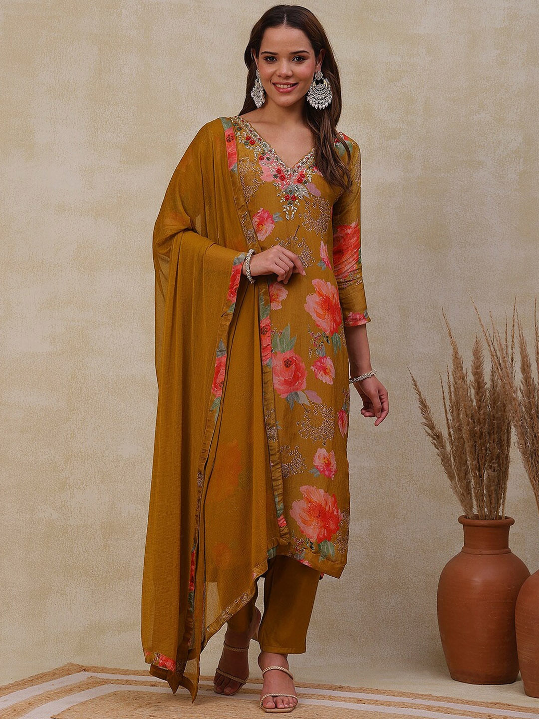 

FASHOR Mustard Yellow Floral Printed Straight Kurta & Trousers & With Dupatta