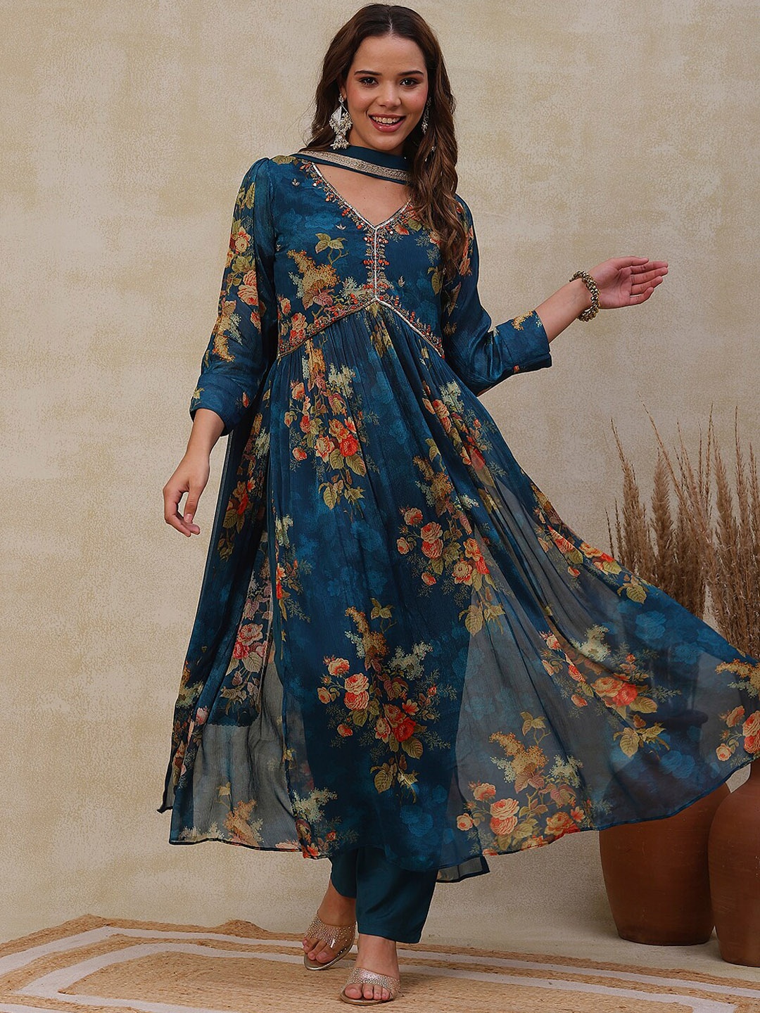 

FASHOR Navy Blue Floral Printed Empire A-Line Kurta & Trousers With Dupatta