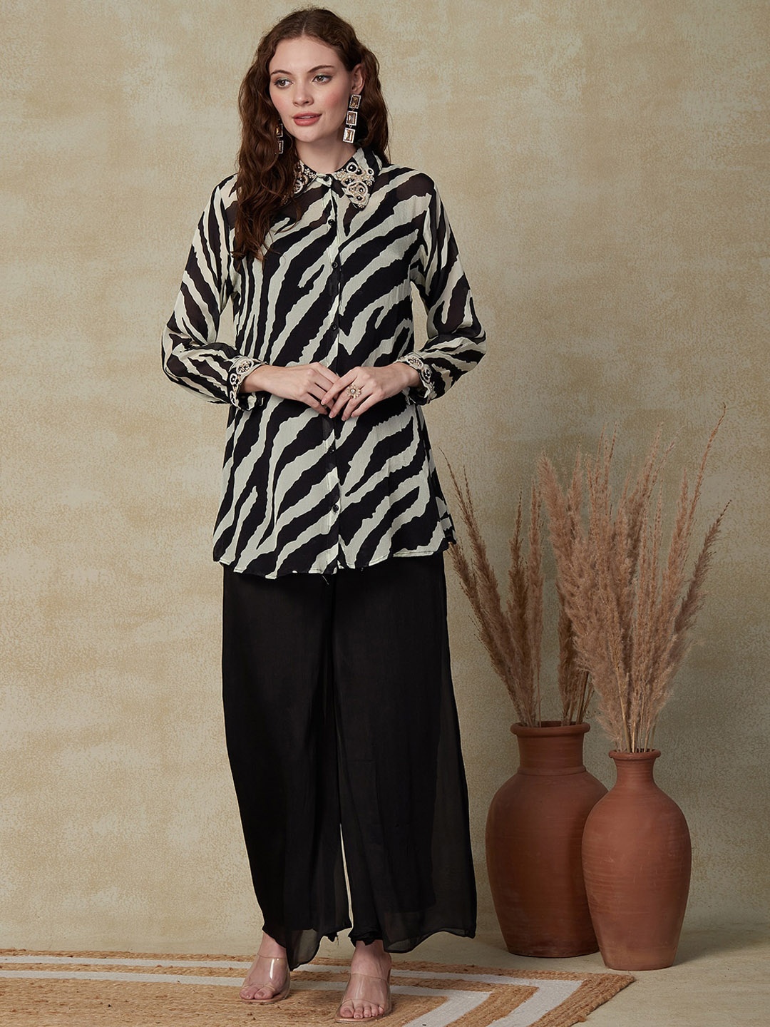 

FASHOR Animal Printed Shirt With Palazzo, Black
