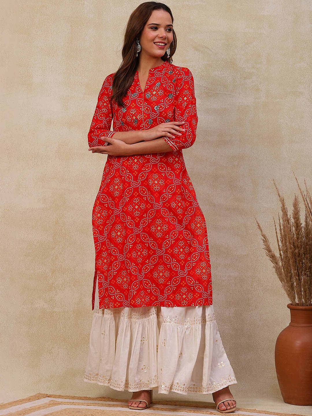 

FASHOR Bandhani Printed Mandarin Collar Cotton Straight Kurta, Red