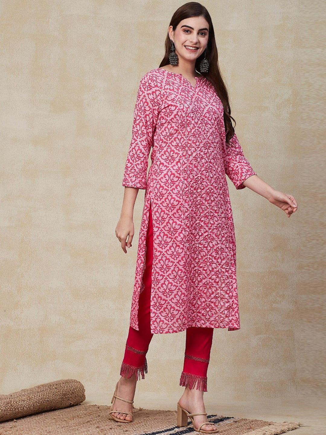 

FASHOR Ethnic Motif Printed Sequinned Cotton Straight Kurta, Pink