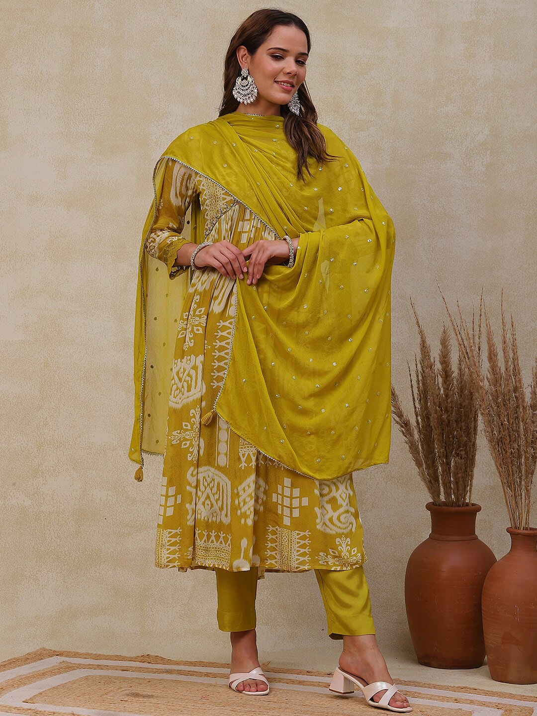 

FASHOR Ethnic Motifs Printed Empire Beads and Stones Kurta With Trousers & Dupatta, Mustard