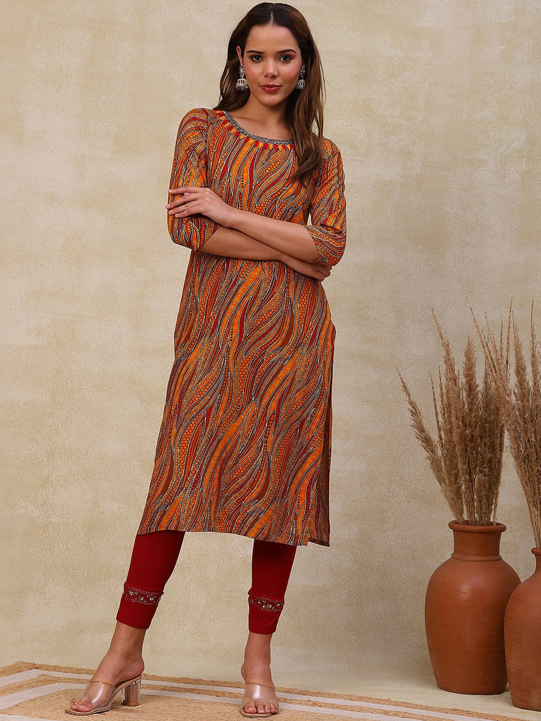 

FASHOR Geometric Printed Straight Kurta, Mustard