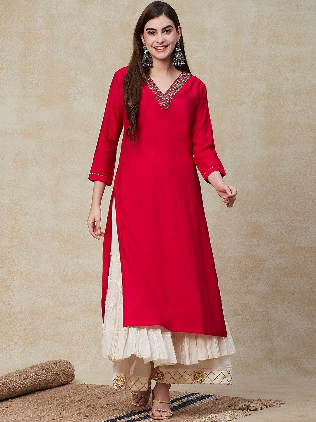 

FASHOR V-Neck Mirror Work Straight Kurta, Pink
