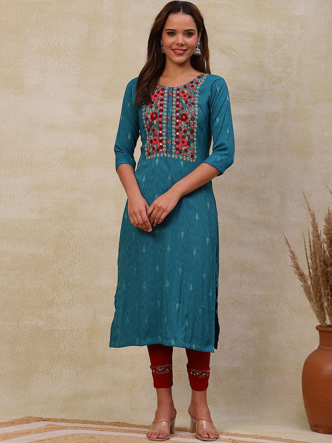 

FASHOR Abstract Printed Thread Work & Mirror Work Straight Kurta, Blue