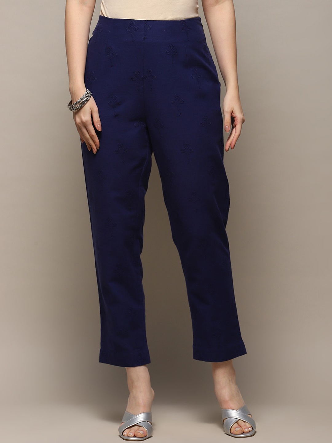 

Biba Women Mid-Rise Relaxed Flared Cotton Trousers, Blue