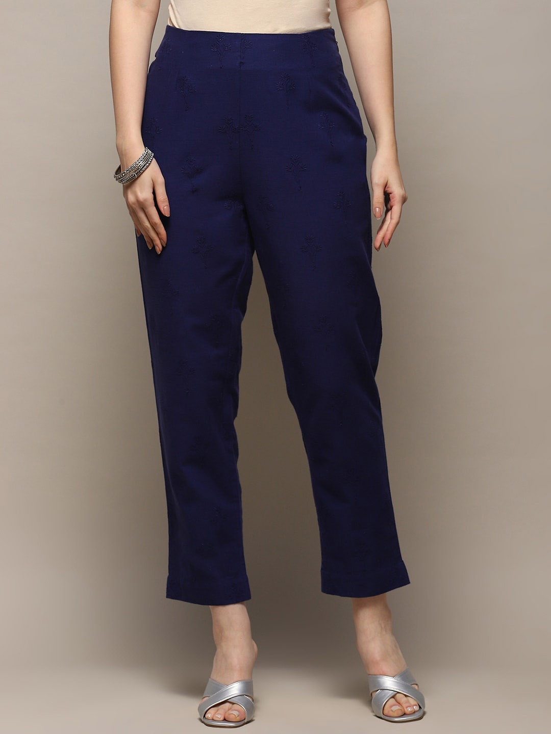 

Biba Women Mid-Rise Relaxed Flared Cotton Trousers, Blue